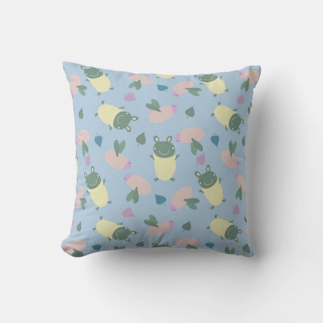 funny colourful frogs and bees seamless pattern throw pillow (Front)