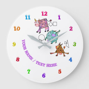 Funny Colourful Geometric Cute Cows -Add Text/Nam Large Clock