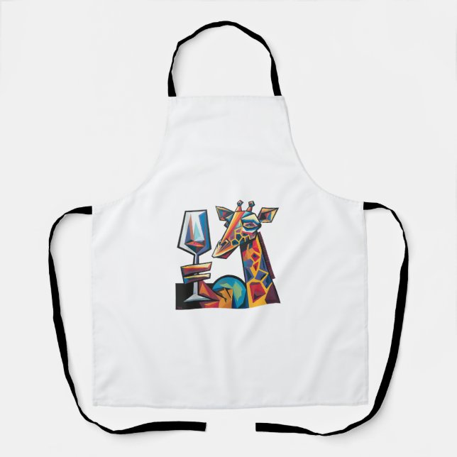Funny Colourful Giraffe Drinking Red Wine Cubism A Apron (Front)
