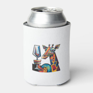 Funny Colourful Giraffe Drinking Red Wine Cubism A Can Cooler