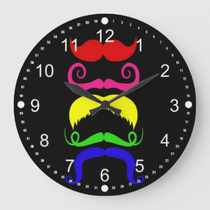 Funny Colourful Moustaches Pink Yellow Blue Green Large Clock