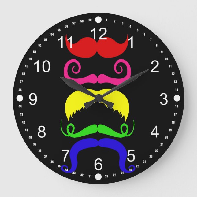 Funny Colourful Moustaches Pink Yellow Blue Green Large Clock (Front)