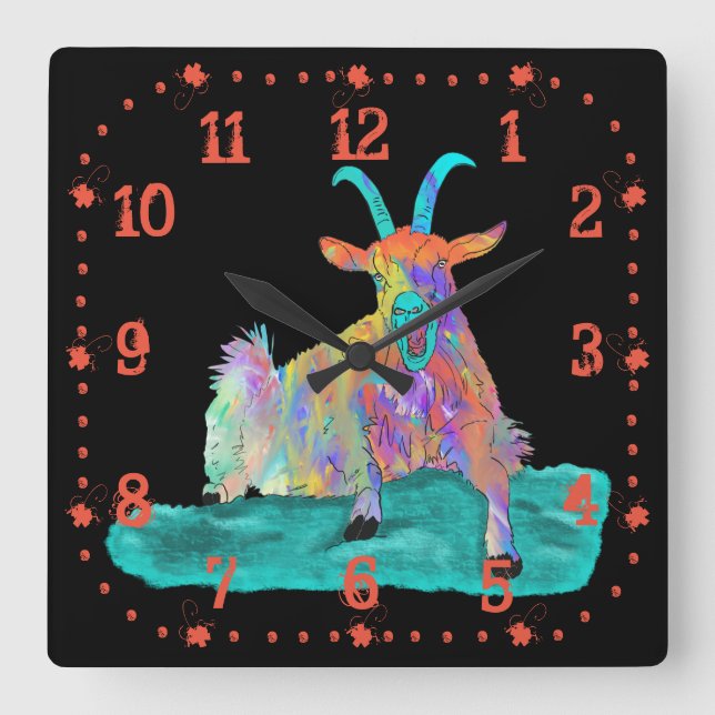 Funny Colourful Orange Screaming Goat Art Design Square Wall Clock (Front)