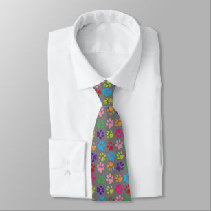 Funny Colourful pet dog or cat paw prints on grey Tie