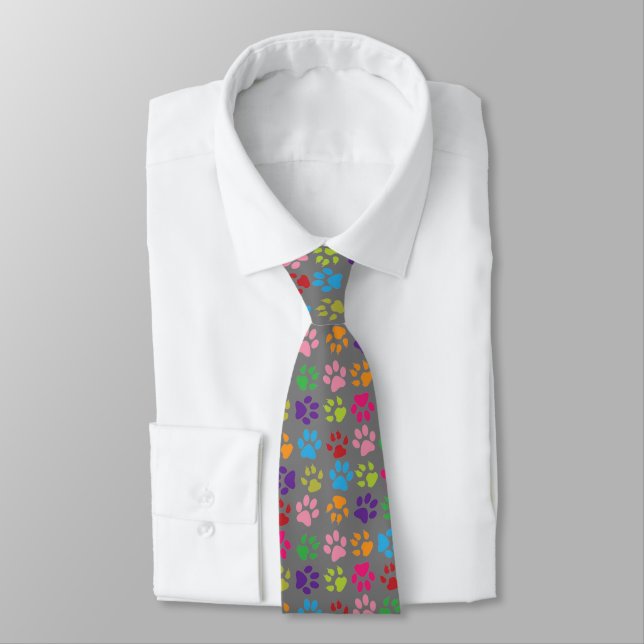 Funny Colourful pet dog or cat paw prints on grey Tie (Tied)
