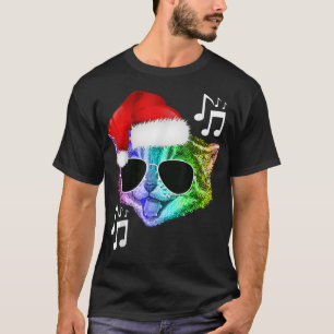 Funny Colourful Rainbow DJ Music Kitty Cat Santa C T-Shirt