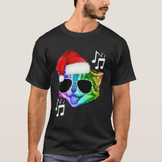 Funny Colourful Rainbow Dj Music Kitty Cat Santa F T-Shirt