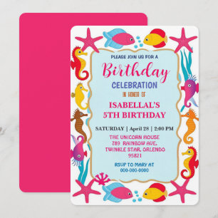 Funny colourful seahorse star fish birthday party  save the date