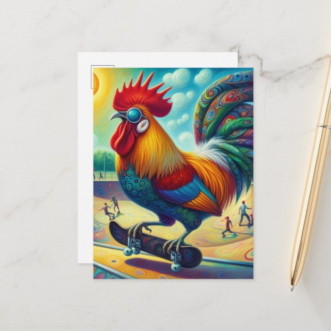 Funny Colourful Surreal Skateboarding Rooster Postcard (Front/Back In Situ)