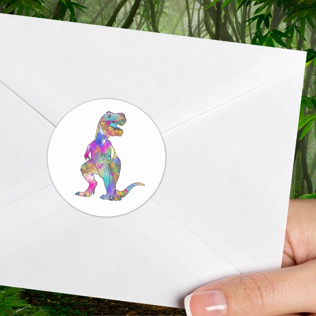 Funny Colourful T Rex Psychedelic Dinosaur Art Classic Round Sticker (T-Rex colorful dinosaur sticker fun prehistoric psychedelic dino illustration )