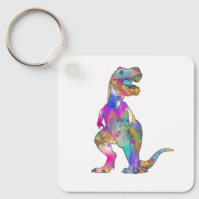 Funny Colourful T Rex Psychedelic Dinosaur Art Keychain (Front)