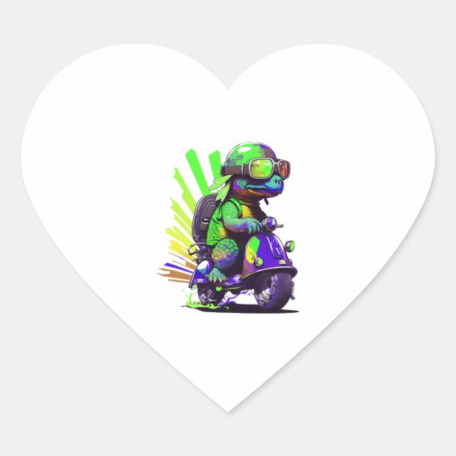 Funny Colourful Turtle On A Scooter Copy Heart Sticker (Front)