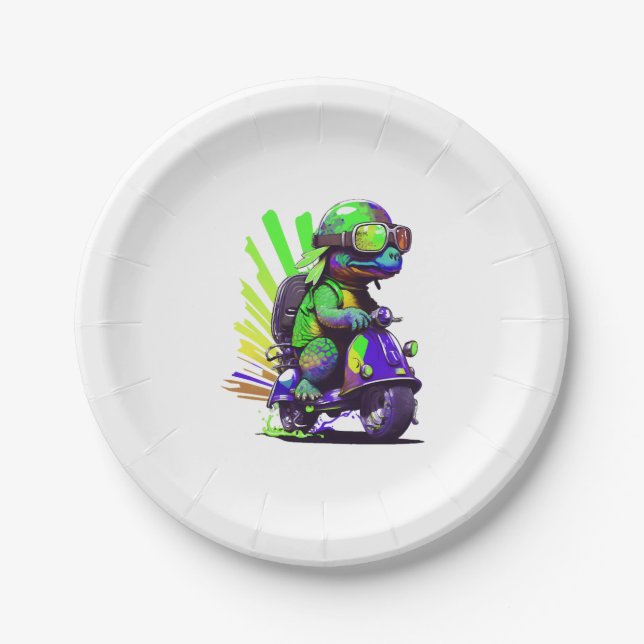 Funny Colourful Turtle On A Scooter Copy Paper Plate (Front)
