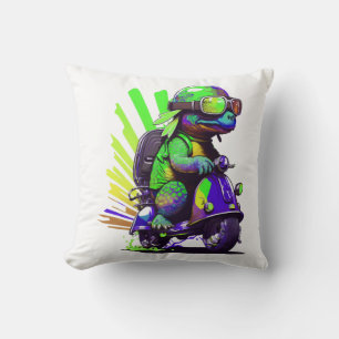 Funny Colourful Turtle On A Scooter Copy Throw Pillow