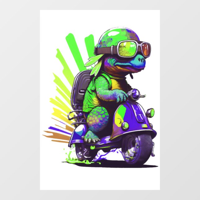 Funny Colourful Turtle On A Scooter Copy Window Cling (Sheet)