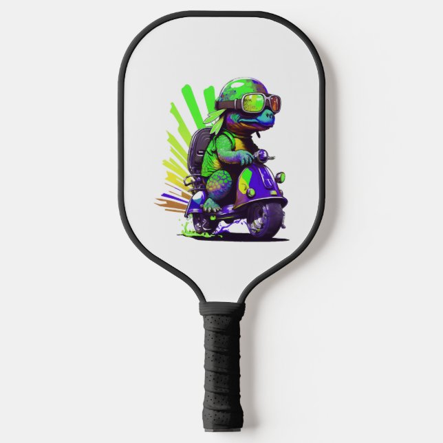 Funny Colourful Turtle On A Scooter Pickleball Paddle (Front)