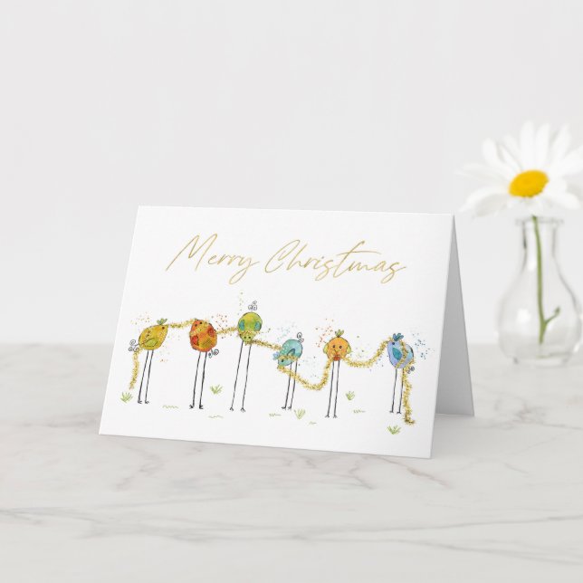 Funny Colourful Watercolor Birds Christmas Card (Small Plant)