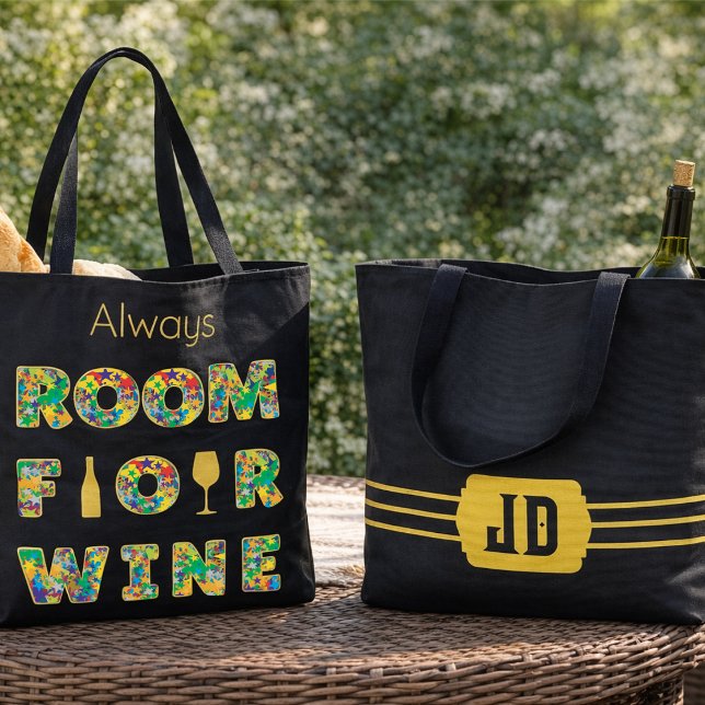 Funny Colourful Wine Lovers Tote Bag (Have your say with this fun filled text that has brightly colored stars inside. Initials on the back)