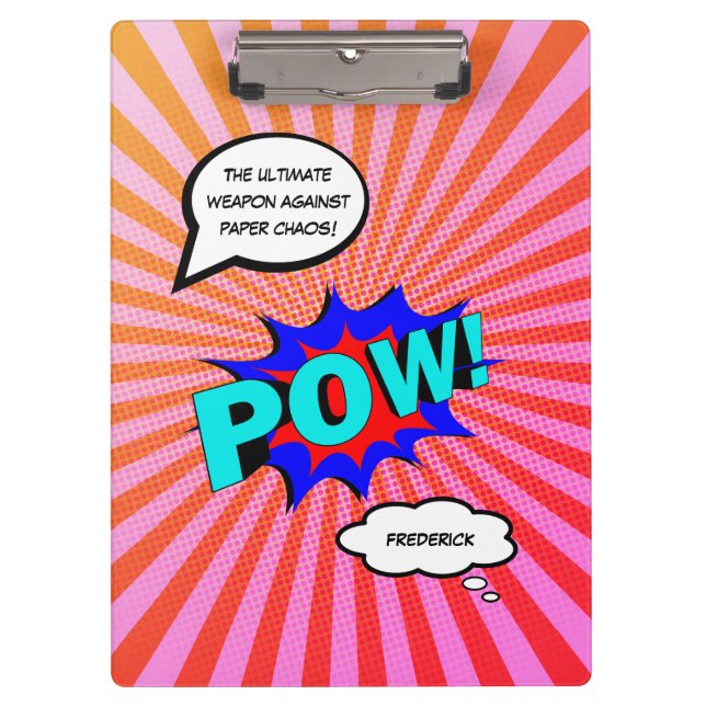Funny comic book personalized message pow clipboard (Front)