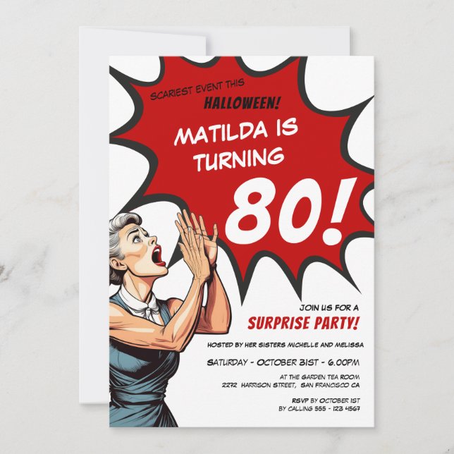 Funny Comic Halloween Surprise 80th Birthday Invitation (Front)