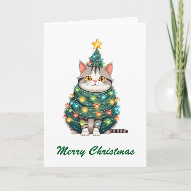 Funny Comic Whimsical Cat Merry Christmas Tree Card (Front)