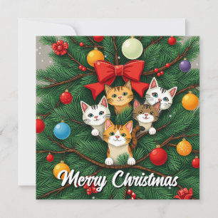 Funny Comic Whimsical Cat Merry Christmas Tree  Holiday Card