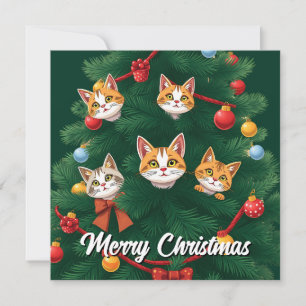 Funny Comic Whimsical Cat Merry Christmas Tree  Holiday Card
