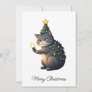 Funny Comic Whimsical Cat Merry Christmas Tree  Holiday Card