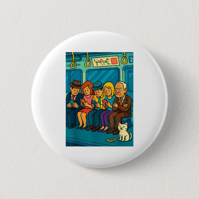 Funny Commuter Train Digital Detox Tech Satire Gif 2 Inch Round Button (Front)