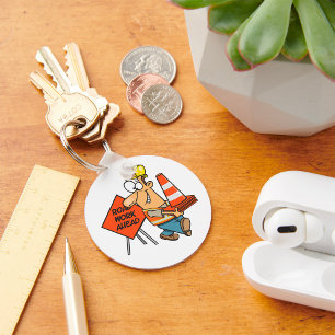 Funny Construction Worker Road Work Ahead Sign Keychain