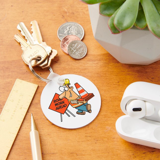 Funny Construction Worker Road Work Ahead Sign Keychain (Creator Uploaded)