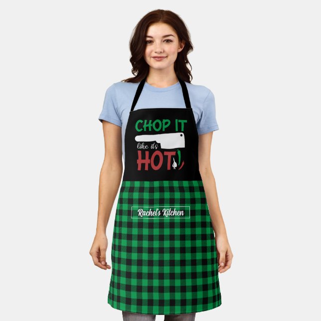 Funny Cooking Chef Chop It Black Green Plaid Apron (Worn)