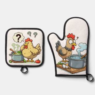 Funny Cooking Chicken Apron – Hen Making Soup Oven Mitt & Pot Holder Set
