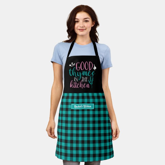 Funny Cooking Good Thymes Black Turquoise Plaid Apron (Worn)
