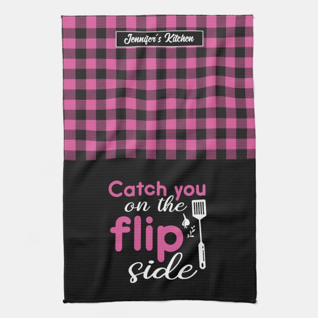 Funny Cooking Pun Catch You on The Flip Side Plaid Kitchen Towel (Vertical)