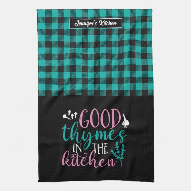 Funny Cooking Pun Good Thymes In The Kitchen Plaid Towel (Vertical)