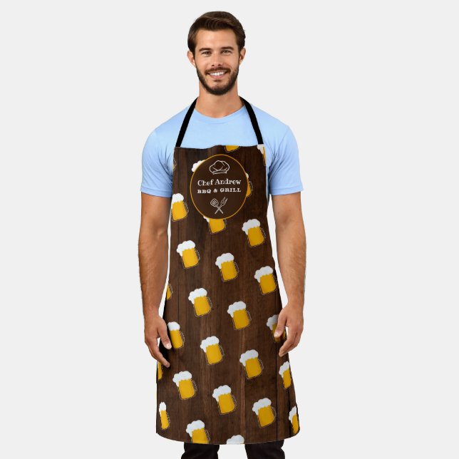 Funny cool beer pattern stein wood BBQ grill Chef Apron (Worn)