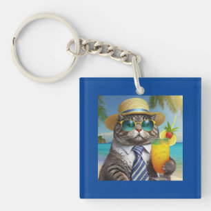 Funny Cool Cat and Tropical Drink Keychain