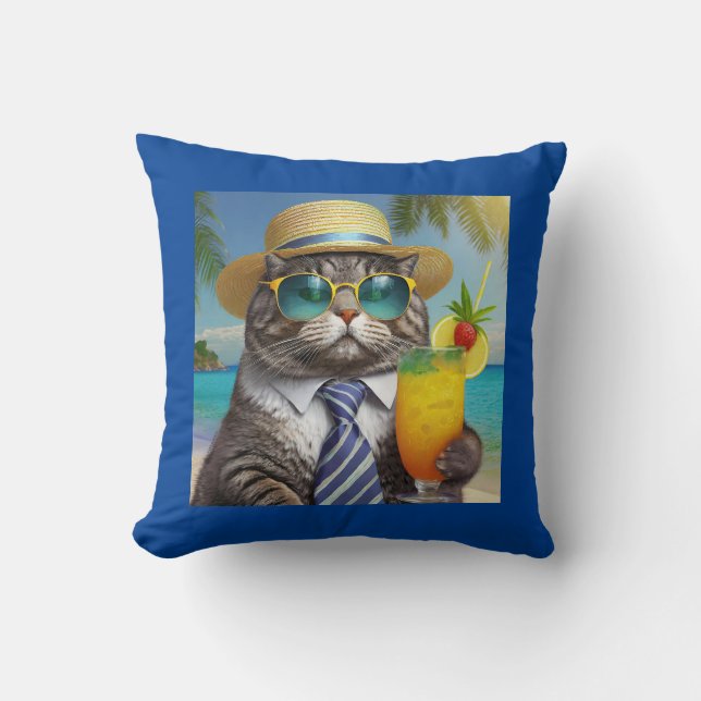 Funny Cool Cat and Tropical Drink Throw Pillow (Front)