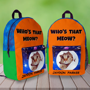 Funny Cool Cat Space Custom Name for Kids School Printed Backpack