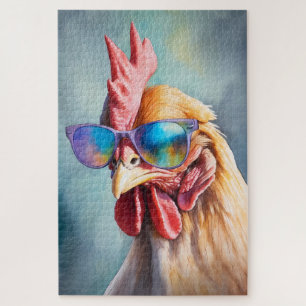 Funny Cool Chicken With Sunglasses Watercolor Jigsaw Puzzle