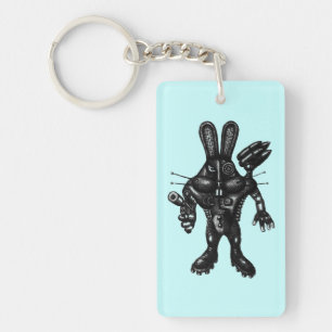 Funny cool cyborg bunny pen ink drawing art keychain