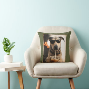 Funny Cool Dog Drinking Iced Coffee Poster Throw Pillow