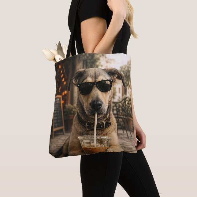 Funny Cool Dog Drinking Iced Coffee Tote Bag (Close Up)