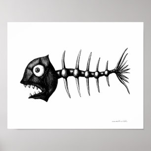 Funny cool fish skeleton ink drawing art poster