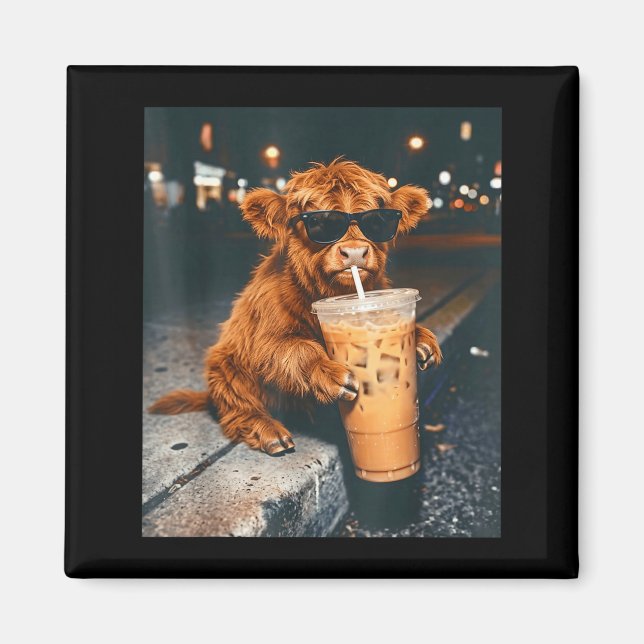 Funny cool highland cow drinking iced coffee magnet (Front)