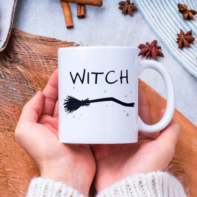 Funny Cool Minimal Witch Halloween Couple  Two-Tone Coffee Mug (cool funny witch halloween cup)