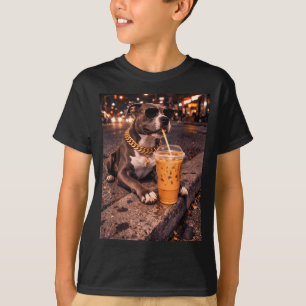 Funny Cool Pitbull Dog Drinking Iced Coffee Animal T-Shirt