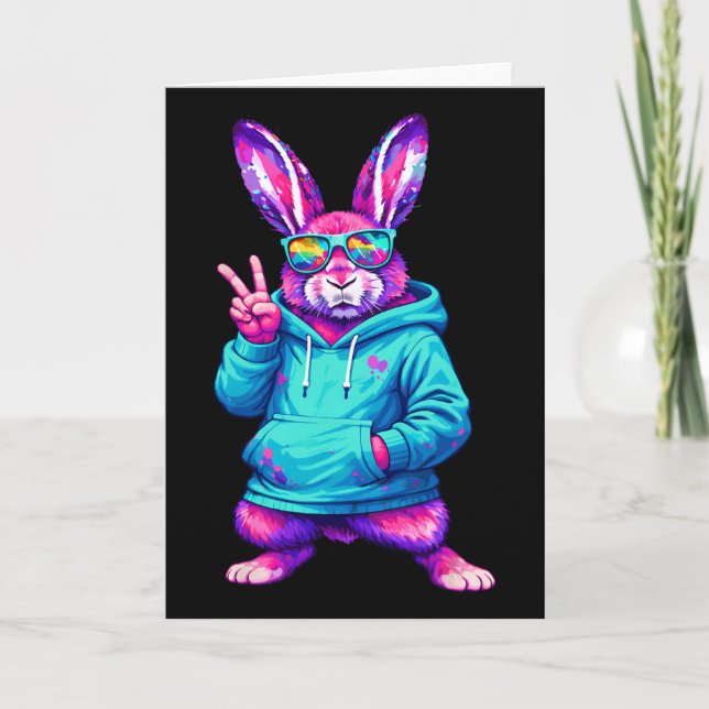 Funny Cool Rabbit Hip Hop Bunny Easter Men Boy Tee Card (Front)