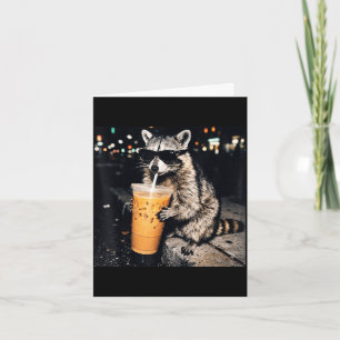 Funny cool raccoon drinking iced coffee animal mem card